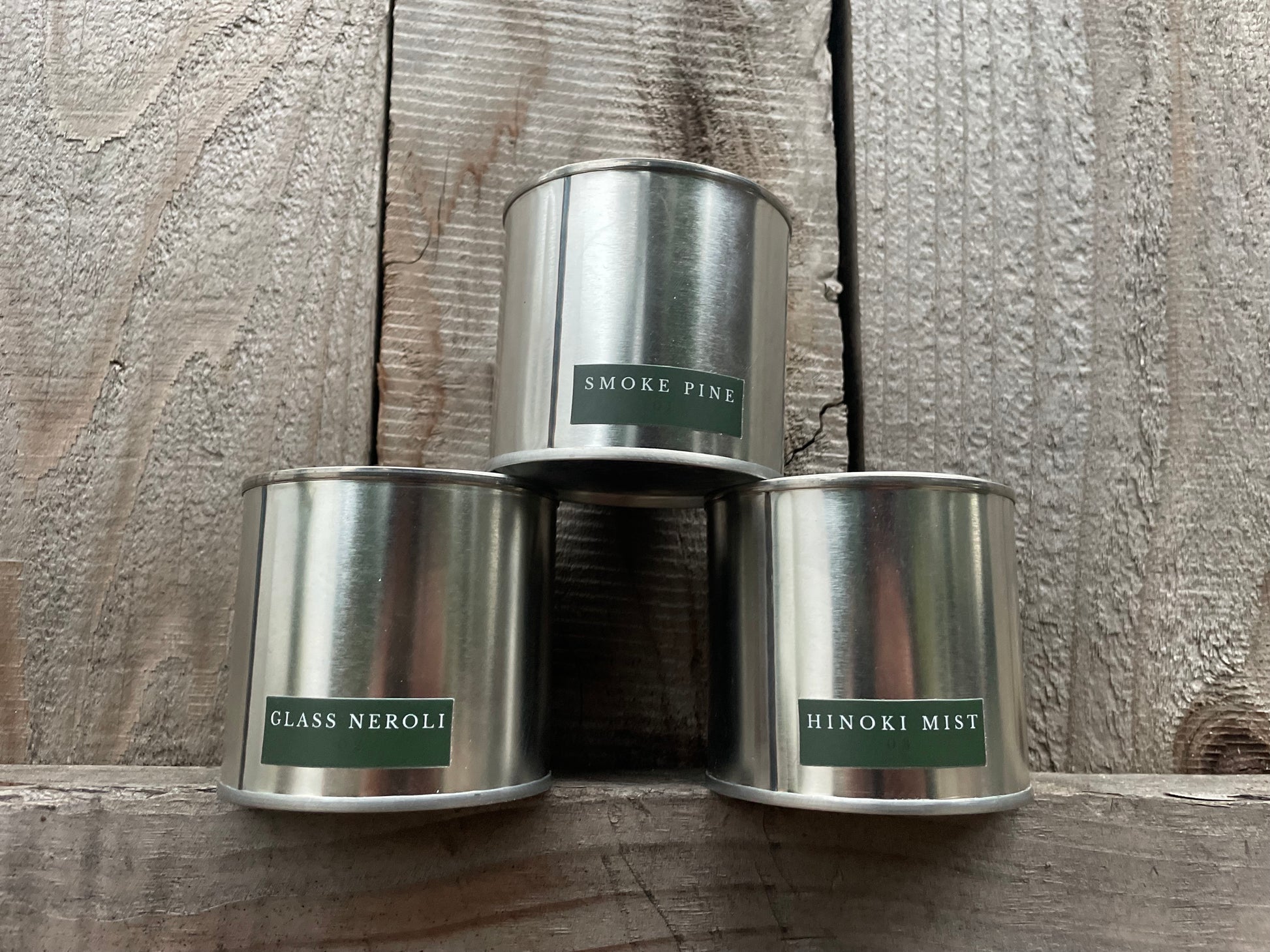 Day One Collection by HOT WAX featuring Smoke Pine 01, Glass Neroli 02, and Hinoki Mist 03 candles