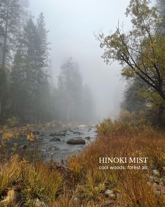 Hinoki Mist 03 by HOT WAX, cool forest stream in morning fog with text overlay