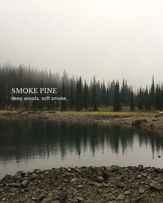 Smoke Pine 01 by HOT WAX, smoky forest lake scene with text overlay